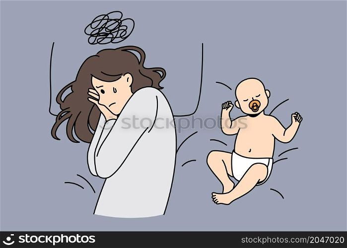Postpartum depression and parenthood concept. Young depressed sad mother with tough thoughts lying in bed with happy sleeping baby nearby vector illustration . Postpartum depression and parenthood concept.