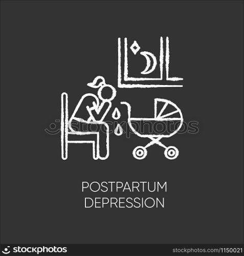 Postpartum depression chalk icon. Crying woman. Delivering infant. Stress and anxiety. Exhaustion and insomnia. Tired mother. Mental problem. Postnatal anxiety. Isolated vector chalkboard illustration