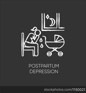 Postpartum depression chalk icon. Crying woman. Delivering infant. Stress and anxiety. Exhaustion and insomnia. Tired mother. Mental problem. Postnatal anxiety. Isolated vector chalkboard illustration