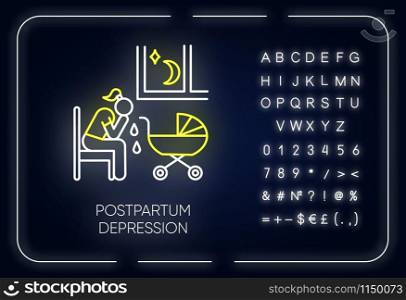 Postpartum depression neon light icon. Crying woman. Delivering infant. Tired mother. Mental problem. Postnatal anxiety. Glowing sign with alphabet, numbers and symbols. Vector isolated illustration