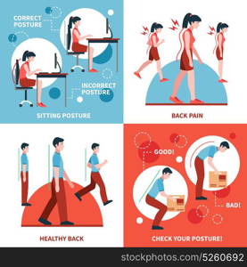 Posture 2x2 Design Concept Set. Correct and incorrect postures for healthy back and spine 2x2 design concept set flat isolated vector illustration