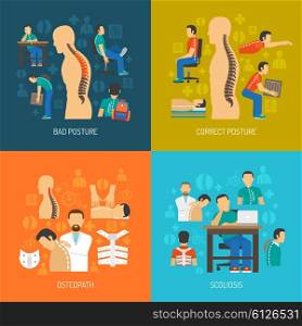 Posture 2x2 Design Concept Set . Posture 2x2 flat design concept set of people with scoliosis osteopath with patient and corrective orthopedic products vector illustration