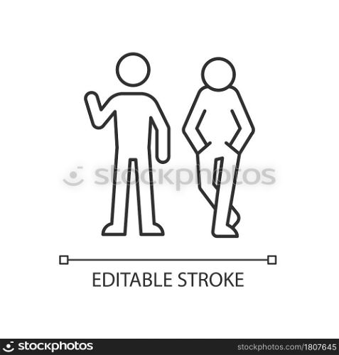 Posture in communication linear icon. Body language. Nonverbal signal. Showing personality traits. Thin line customizable illustration. Contour symbol. Vector isolated outline drawing. Editable stroke. Posture in communication linear icon
