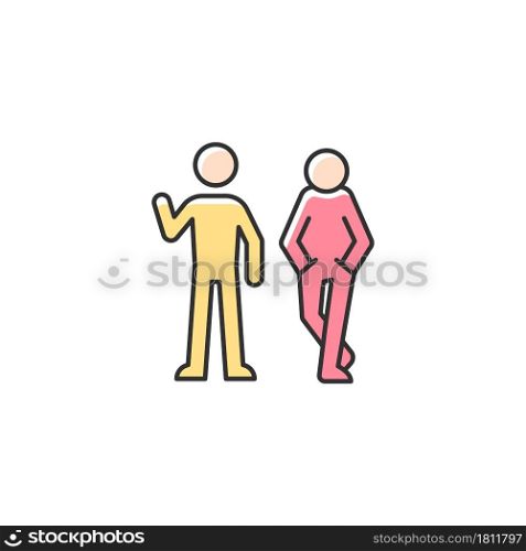Posture in communication RGB color icon. Body language. Nonverbal signal. Conveying message through pose. Showing personality characteristics. Isolated vector illustration. Simple filled line drawing. Posture in communication RGB color icon