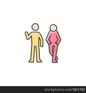 Posture in communication RGB color icon. Body language. Nonverbal signal. Conveying message through pose. Showing personality characteristics. Isolated vector illustration. Simple filled line drawing. Posture in communication RGB color icon