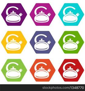 Pot bellied kettle icons 9 set coloful isolated on white for web. Pot bellied kettle icons set 9 vector