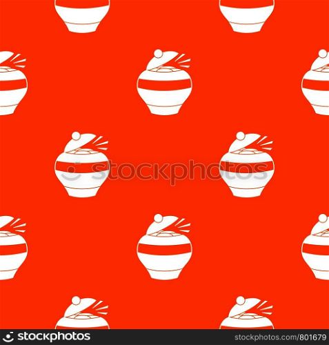 Pot full of gold coins pattern repeat seamless in orange color for any design. Vector geometric illustration. Pot full of gold coins pattern seamless
