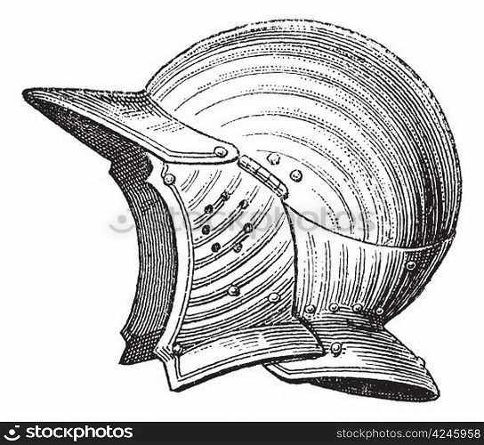 Pot head or helmet or galea vintage engraving. Old engraved illustration of ancient helmet.