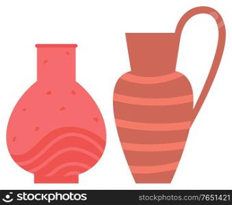 Pot made of clay vector, handmade decoration with ornament stripes. Ceramics pottery, vase for flowers and amphora with handle flat style objects set. Vase and Amphora Flowerpot Decoration Set Vector