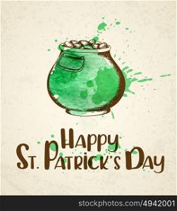 Pot of gold and green watercolor blots. Vintage greeting card for St. Patrick&rsquo;s day