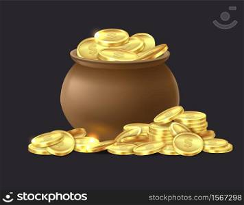 Pot of gold coins. Ceramic brown cauldron full of shiny golden coin, medieval mystery treasures for game luck and success symbol cartoon vector isolated illustration. Pot of gold coins. Ceramic cauldron full of shiny golden coin, medieval mystery treasures for game cartoon vector isolated illustration