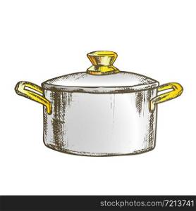 Pot Stainless Cooking Kitchenware Vintage Vector. Metallic Kitchen Accessory Pot For Boiling Water And Cook Food. Saucepan Engraving Template Designed In Vintage Style Color Illustration. Pot Stainless Cooking Kitchenware Color Vector