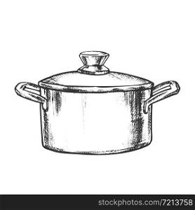 Pot Stainless Cooking Kitchenware Vintage Vector. Metallic Kitchen Accessory Pot For Boiling Water And Cook Food. Saucepan Engraving Template Designed In Vintage Style Black And White Illustration. Pot Stainless Cooking Kitchenware Vintage Vector