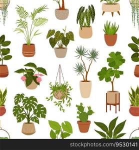 Pot with green plants seamless pattern, flowers and succulents. Office flowerpots. Cartoon vector tile wallpaper with houseplants monstera, cacti and ficus. Alocasia, sansevieria, strelitzia and agave. Pot with green plants seamless pattern, flowers
