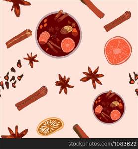 Pot with hot mulled wine and spices seamless pattern on pink background. Festive textile, web, wrapping paper, background fill.. Pot with hot mulled wine and spices seamless pattern on pink background
