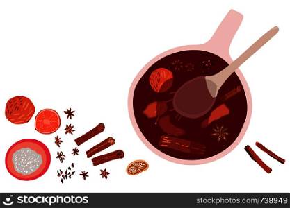 Pot with mulled wine, wooden spoon and spices illustration. Holiday composition with decorations. Flat style illustration. Festive greeting card, banner, poster sketch design. . Pot with mulled wine, wooden spoon and spices