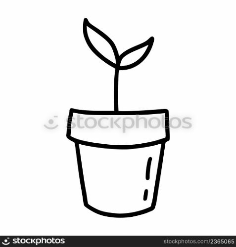Pot with plant. Young sprout. Seedling. Vector doodle illustration. Isolated object on white background.