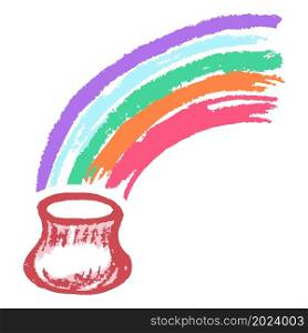 Pot with rainbow. Icon in hand draw style. Drawing with wax crayons, colored chalk, children&rsquo;s creativity. Vector illustration. Sign, symbol, pin, sticker. Icon in hand draw style. Drawing with wax crayons, children&rsquo;s creativity
