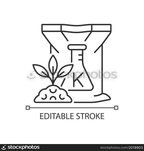Potassium fertilizer linear icon. Plants growth increasing. Grass and crops nourishment. Thin line customizable illustration. Contour symbol. Vector isolated outline drawing. Editable stroke. Potassium fertilizer linear icon
