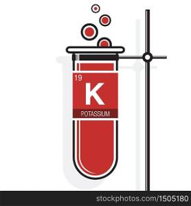 Potassium symbol on label in a red test tube with holder. Element number 19 of the Periodic Table of the Elements - Chemistry