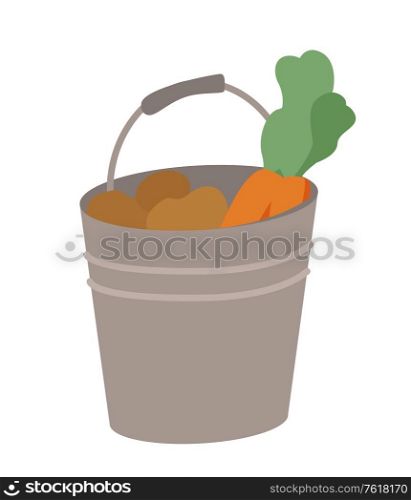 Potato and carrot in bucket, farm symbol, vegetables in metal pail, vitamin and summer object, gathered harvest in flat design style, eating vector. Carrot and Potato in Bucket, Vegetables Vector