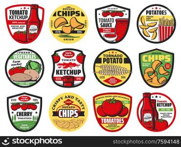 Potato and tomato vegetable food product vector icons. Ketchup bottles and sauce jar, french fries, chips and fried tornado swirls, farm cherry tomatoes and potato veggies, labels and emblems. Tomato and potato food vector icons