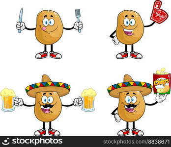 Potato Cartoon Character. Vector Hand Drawn Collection Set Isolated On Transparent Background