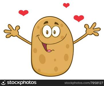 Potato Cartoon Character With Hearts And Open Arms For A Hug