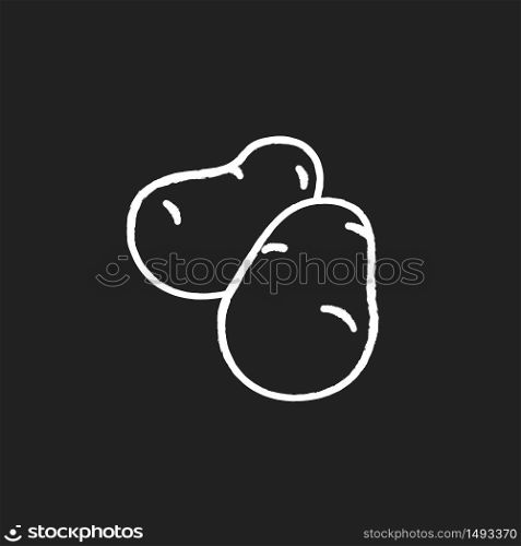 Potato chalk white icon on black background. Fresh vegetable to prepare snack. Foodstuff from grocery store. Farmer market product. Whole veggie to cook chips. Isolated vector chalkboard illustration. Potato chalk white icon on black background