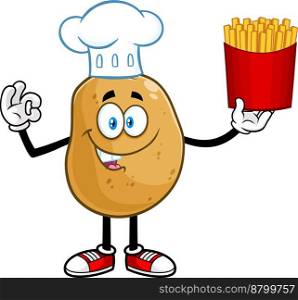 Potato Chef Cartoon Character Gesturing Ok And Holding Up A French Fries. Vector Hand Drawn Illustration Isolated On Transparent Background