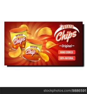 Potato Chips Creative Promotional Banner Vector. Cooked Crispy Delicious Chips And Blank Packages On Advertising Poster. Original Taste Natural Gourmet Snack Style Concept Template Illustration. Potato Chips Creative Promotional Banner Vector