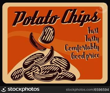 Potato chips fast food retro advertisement poster for restaurant or cinema bistro snacks menu. Vector vintage design of fried potato for fastfood delivery or takeaway cafe with dollar price. Potato chips fastfood snacks retro poster