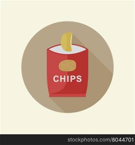 Potato chips icon with long shadow in flat style.
