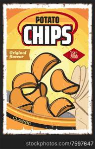 Potato chips or crisps, vector vegetable snack food. Crunchy and salty slices of deep fried potato with spices spilled out of bag, junk food or appetizer retro poster design. Potato chips snack food, vegetable crisps