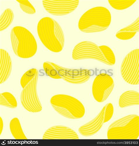Potato chips seamless pattern. Vector background of food. Fried potatoes fried. Corrugated golden chipsd.