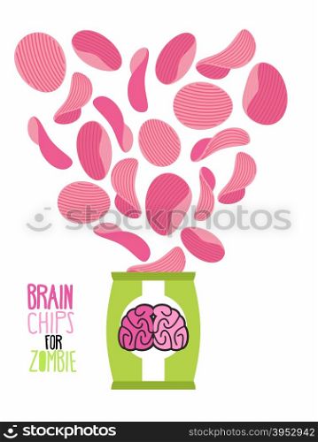 Potato chips taste brain. Special zombies chips. Packaging, bag of chips on a white background. Chips flying out from the Pack. Unusual Delicacy for dead. Food For Halloween vector illustration.&#xA;