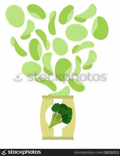 Potato chips taste like broccoli. Packaging, bag of chips on a white background. Chips flying out from Pack. Vegetarians Food vector illustration.&#xA;