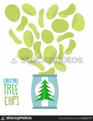 Potato chips taste of Christmas trees. Special chips for a new year. Packaging, bag of chips on a white background. Chips flying out from Pack. Fantastic Delicacy. Food vector illustration.