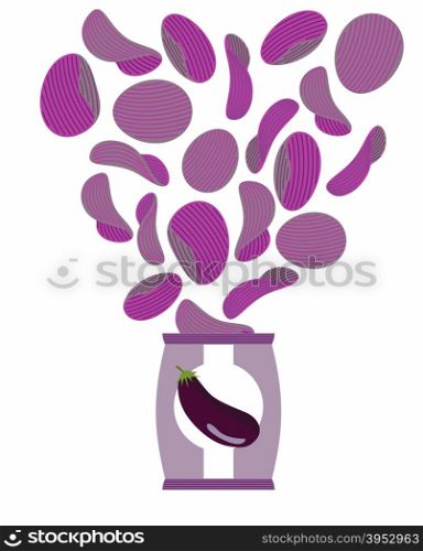 Potato chips taste of Eggplant. Packaging, bag of chips on a white background. Chips flying out from Pack. Delicacy for vegetarians. Food vector illustration.