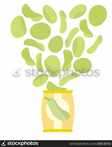 Potato chips taste of Zucchini. Packaging, bag of chips on a white background. Chips flying out from Pack. Delicacy for vegetarians. Food vector illustration.