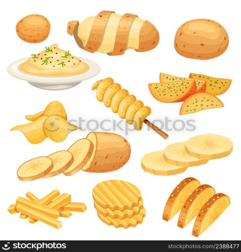 Potato dish, meal, garnish, street food and snack. French fries, rustic and mash potatoes, chips. Cartoon sliced potato product vector set. Fast food for lunch or dinner, vegetarian meal