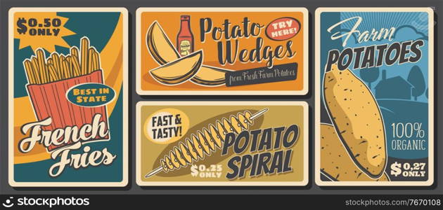Potato food and meals, vector tornado spiral, raw batata and french fries, potato wedges snack. Farmer market vegetable products. Cafe or bistro assortment, vintage retro promo posters with price tags. Potato food and meals, vector posters with price