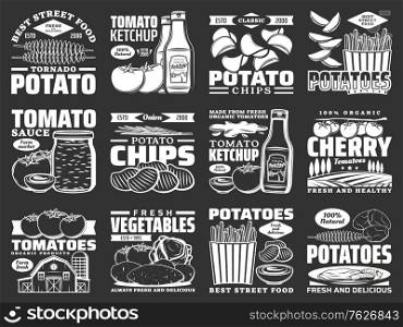 Potato food monochrome icons, tomato products and snacks, vector farm vegetables. Potato chips, tomato ketchup and wedge snacks, fast food fries and mashed potatoes recipe pack, organic vegetables. Potato food monochrome icons, tomato products