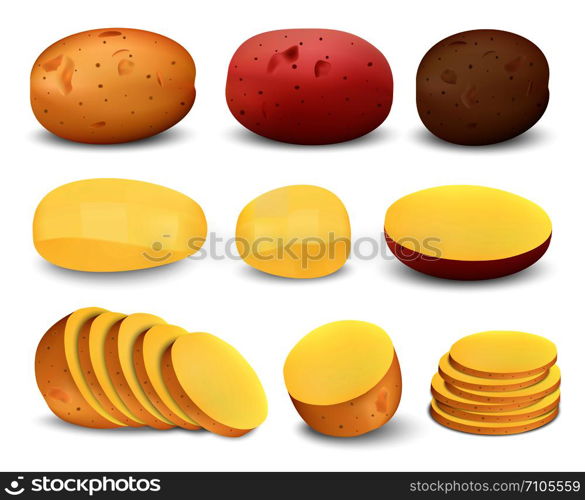 Potato praties fried chips mockup set. Realistic illustration of 9 potato praties fried chips mockups for web. Potato praties fried mockup set, realistic style