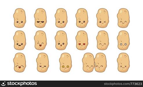 Potatoes cute kawaii mascot. Set kawaii food faces expressions smile emoticons.