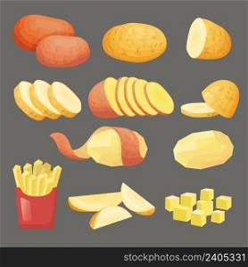 Potatoes. Healthy natural vegetables sliced products harvesting cooking food chips of potatoes recent vector illustrations set. Potato fresh and raw nutrition. Potatoes. Healthy natural vegetables sliced products harvesting cooking food chips of potatoes recent vector illustrations set