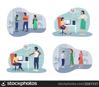 Potential child-parent problems 2D vector isolated illustration set. Angry parents and teens flat characters on cartoon background. Noise music. Teenage daughter boyfriend colourful scene collection. Potential child-parent problems 2D vector isolated illustration set