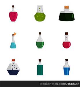 Potion bottle icon set. Flat set of 9 potion bottle vector icons for web design. Potion bottle icon set, flat style