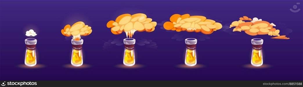 Potion bottle with puff cloud animation set isolated on background. Vector cartoon illustration of glass flasks or test tube with magic yellow elixir, explosion or evaporation gas effect. Potion bottle with puff cloud animation set