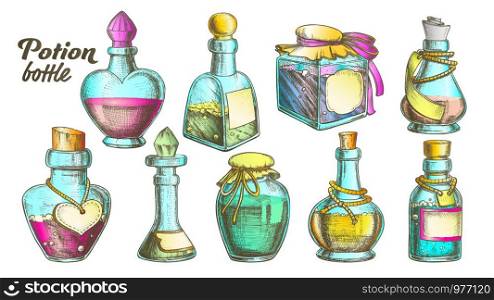 Potion Bottles Collection Set Vector. Many Kinds And Form Blank Poison Or Potion Bottles With Liquid. Various Shapes Glass Jars Hand Drawn In Vintage Style Color Illustrations. Potion Bottles Color Collection Set Vector